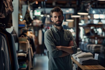 Obraz premium A man stands in a clothing store with his arms crossed