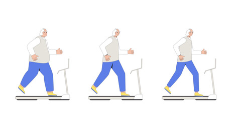 Weight loss exercises elderly man sequence. Before and after. Senior character with different body mass running on treadmill