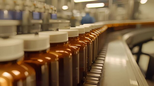 A conveyor belt lined with rows of ambercolored bottles waiting to be filled with different types of liquid medication.