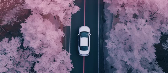 Fotobehang Aerial view of road in beautiful blossom forest at sunset in spring. Colorful landscape with car on the roadway, View from above. Travel © ksu_ok