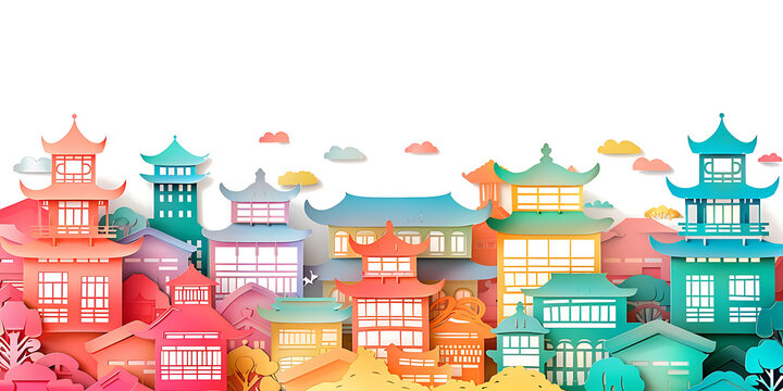 Painting of a colorful Chinese architectural city for use as a background.