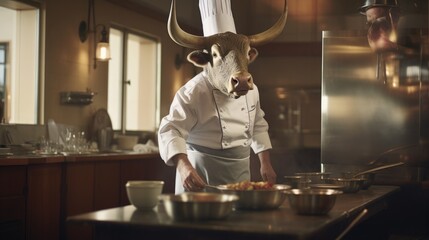 Bull chef cooks preparing food in restaurant kitchen. Animal chef - obrazy, fototapety, plakaty