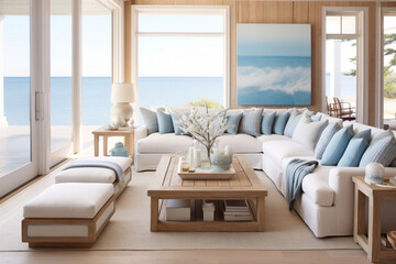 A summer sanctuary indoors, with marine blues and sandy neutrals blending seamlessly, creating a serene living room adorned in contemporary coastal elegance