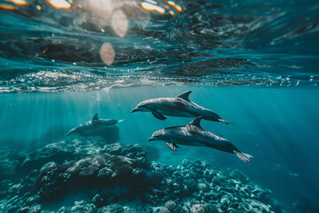 Obraz premium dolphins swimming in the ocean. The water is blue and the sun is shining