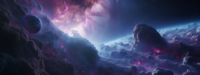 Galaxy, cosmos, universe futuristic fantasy view background for computer game. illustration - obrazy, fototapety, plakaty