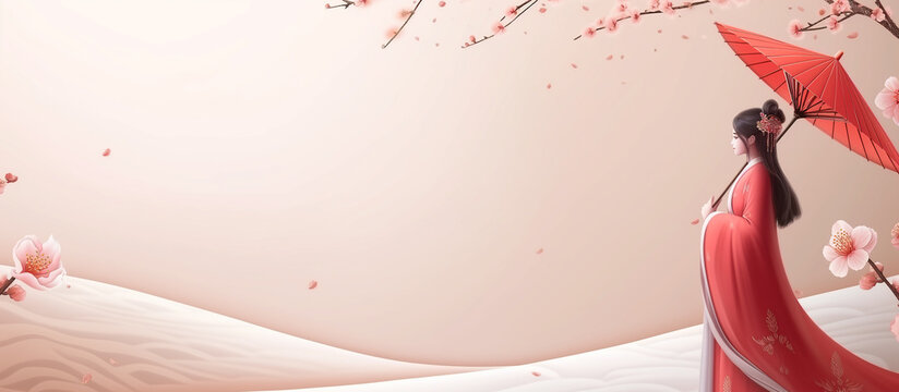 geisha. Japanese Woman.Japanese banner. Beautiful japanese woman with hairpins on white background with red umbrella.