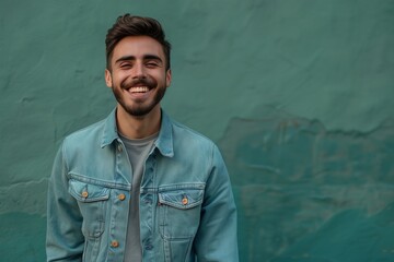 A man in a blue denim jacket is smiling and looking at the camera