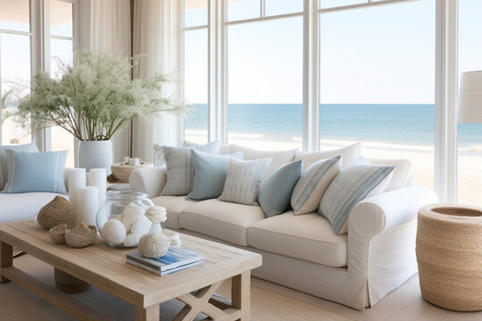 A summer sanctuary indoors, featuring marine blues and sandy neutrals, with hints of seashell white, creating a serene living room adorned in contemporary coastal elegance