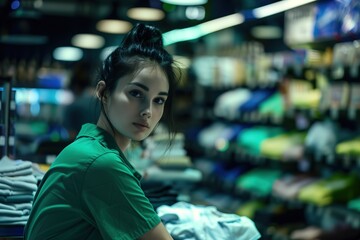 A woman in a green shirt is sitting in a store