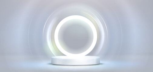 Round podium on white light circle background. Vector realistic illustration of cylinder shape stage in futuristic design studio, product presentation pedestal, shiny halo illumination effect on wall