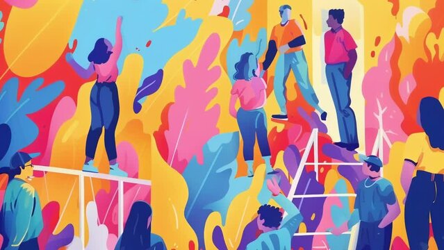 A team of employees are seen painting the walls of a rundown community center transforming it into a vibrant and welcoming space for local residents. They proudly show off