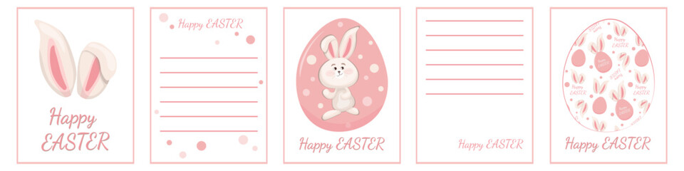 Happy Easter greeting card layout designer. Vector editable template with pink color elements and symbols for cards, design selection, print, social media, posters