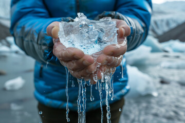 A person is holding a large ice cube in their hand. The ice cube is dripping water, and the person's hands are wet. Concept of coldness and the feeling of holding something solid and cold - obrazy, fototapety, plakaty