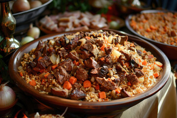 Plov, a traditional Uzbek dish featuring savory rice, tender meat, carrots served for Nowruz - obrazy, fototapety, plakaty