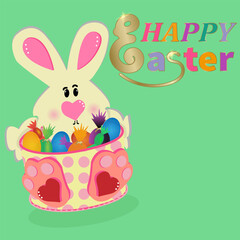 Happy Easter banner. 3D illustration of an Easter bunny, beautiful colored eggs and candies in a basket on a green background. Easter concept. Vector illustration.