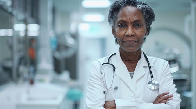 Portrait of professional old black female doctor with arms crossed in hospital