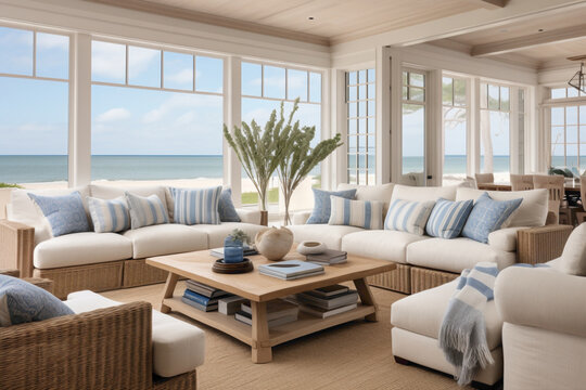 A summer afternoon retreat, surrounded by coastal blues and sandy neutrals, where navy and coral accents seamlessly blend with panoramic windows to bring the outdoors inside