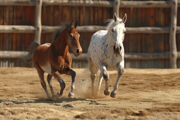 Foal and horse running in corral .