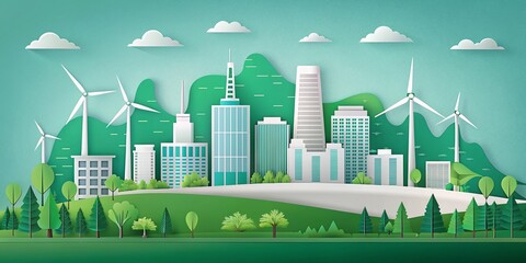 Paper Art of Sustainability: Green Eco City, Alternative Energy, and Ecology Conservation Concept - Banner Template Background, Vector Illustration