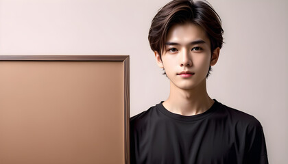 Beautiful and handsome man holding a blank message board with nothing written on it. With copy space - obrazy, fototapety, plakaty