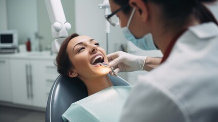 Close-up of a happy woman patient in a dental chair at a dentist's examination in a modern dental clinic. Teeth whitening, Brushing, Caries treatment, pulpitis, periodontitis.