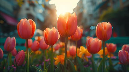 Obraz premium Sunlit Orange Tulips in Urban Garden
