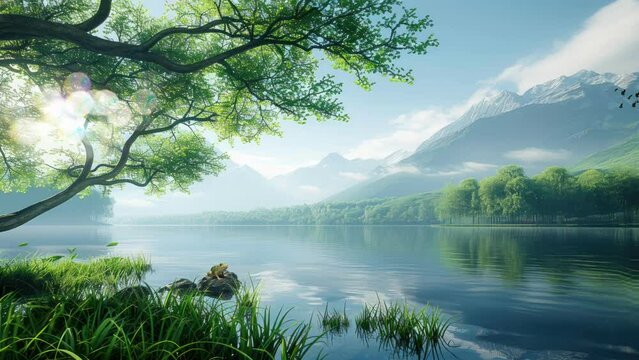 footage video a beautiful lake with a tree in the fore and mountains in the background