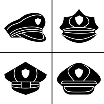 Vector black and white illustration of police hat icon for business. Stock vector design.