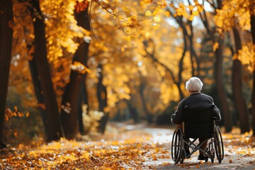 An elderly woman rides in a wheelchair in a fall park. A lonely old disabled female on a street strewn with yellow leaves. - obrazy, fototapety, plakaty