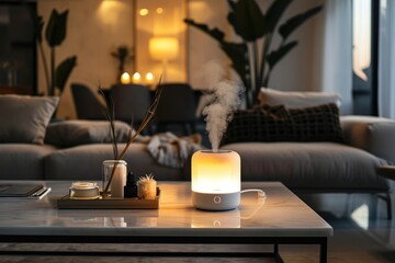 Electric aroma lamp on the table in the room. A cloud of steam over the automatic aroma oil diffuser.