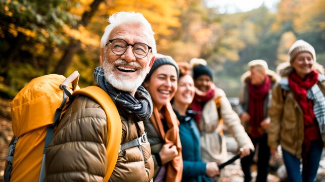 Images of diverse seniors engaging in inspiring retirement activities, hiking and happy senior friends bonding, talking and laughing at comic joke in forest.