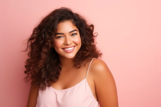 
Photo of a radiant plus-size female model, age 25, Hispanic, smiling brightly against a gentle pink backdrop, showcasing beauty and positivity