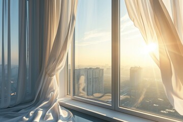 Translucent white curtains sway in the sunlight on the sill of a luxurious window overlooking the morning city. - obrazy, fototapety, plakaty