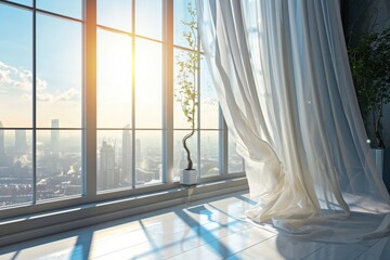 Fototapeta premium Translucent white curtains sway in the sunlight on the sill of a luxurious window overlooking the morning city.