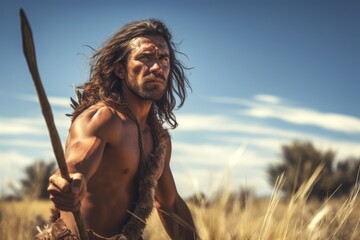 A strong adult Cro-Magnon man with a muscular build and sun-kissed skin, aiming a spear in a vast grassland. His focused gaze and poised stance demonstrate the prowess and survival instincts of early  - obrazy, fototapety, plakaty