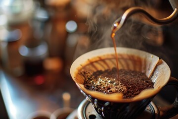 The barista pours hot water into the cup through a paper filter. The process of brewing drip coffee using the pour over method.