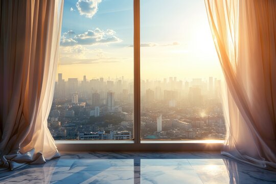 Fototapeta Beautiful view from the window of the city through white translucent curtains at sunset.