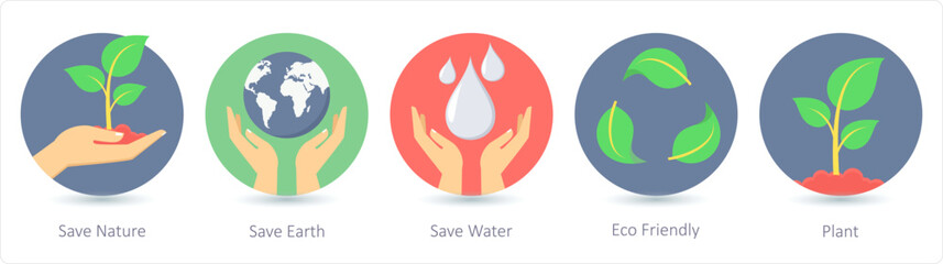 A set of 5 ecology icons as save nature, save earth, save water
