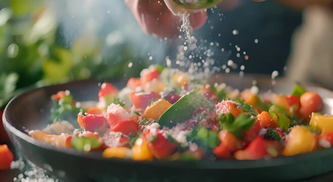 close up shot of salt adding by hand super slow motion. well-balanced meal with vegetables, colorful vegetarian bowl