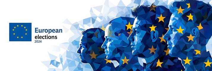 Election in Europe. Silhouettes of people on the background of the flag of the European Union. - obrazy, fototapety, plakaty