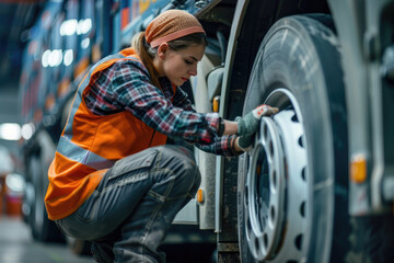 Fototapeta na wymiar Truck mechanic female repairing wheels on vehicle in workshop