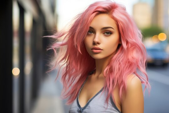 A trendy teenage girl, approximately 19 years old, of Hispanic descent, with pink-colored locks cascading down her shoulders, adding a pop of color to her look