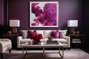 A stylish living room featuring an empty white frame on a wall dressed in a luxurious, deep plum hue, balanced by sleek furniture and sporadic bursts of colorful decor accents.