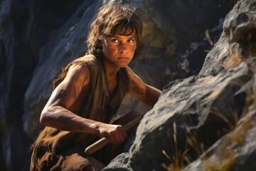 A teenage Neanderthal boy practicing hunting skills amidst the rugged terrain, displaying resilience and focus.