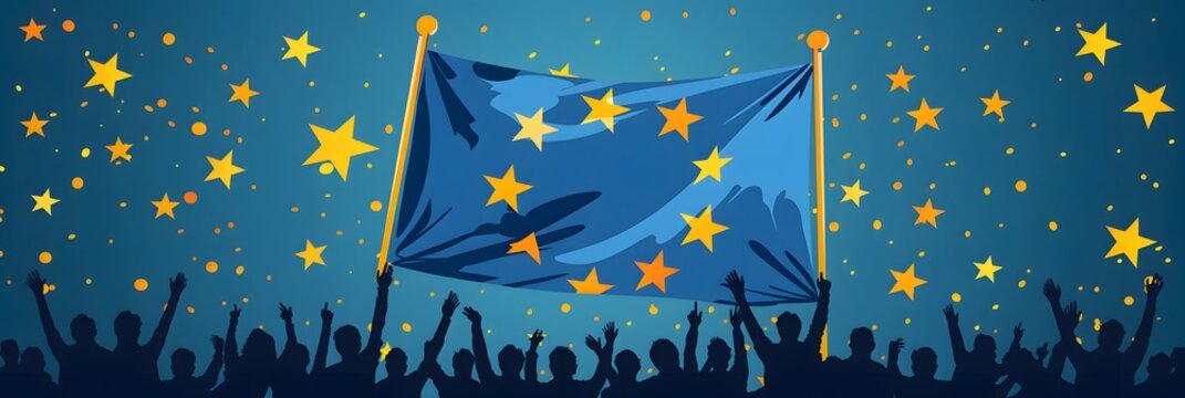 Crowd of people waving the flag of the European Unio  for the European elections.