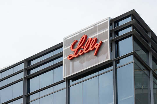 South San Francisco, CA, USA - Feb 23, 2024: Lilly logo is seen at the Eli Lilly Gateway Labs in South San Francisco, California. Eli Lilly and Company is an American pharmaceutical company.