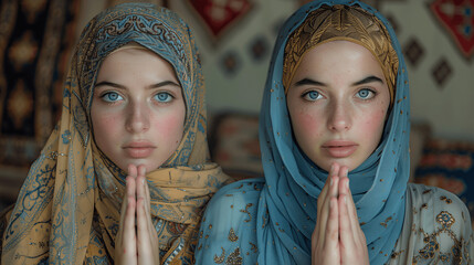 Two Young Women with Headscarves in Traditional Attire - obrazy, fototapety, plakaty
