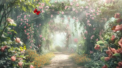 fantasy nature background. beautiful magic garden landscape fairytale mood. seamless looping overlay 4k virtual video animation background