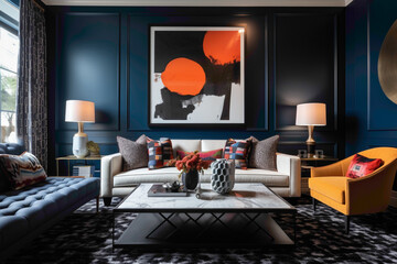 A stylish living room featuring an empty white frame on a wall dressed in a sophisticated, dark navy blue hue, balanced by sleek furniture and sporadic bursts of colorful decor accents.