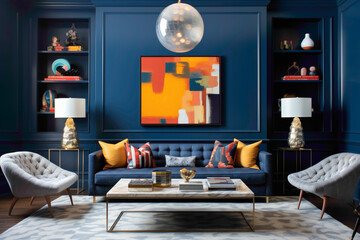 A stylish living room featuring an empty white frame on a wall dressed in a sophisticated, dark navy blue hue, balanced by sleek furniture and sporadic bursts of colorful decor accents.